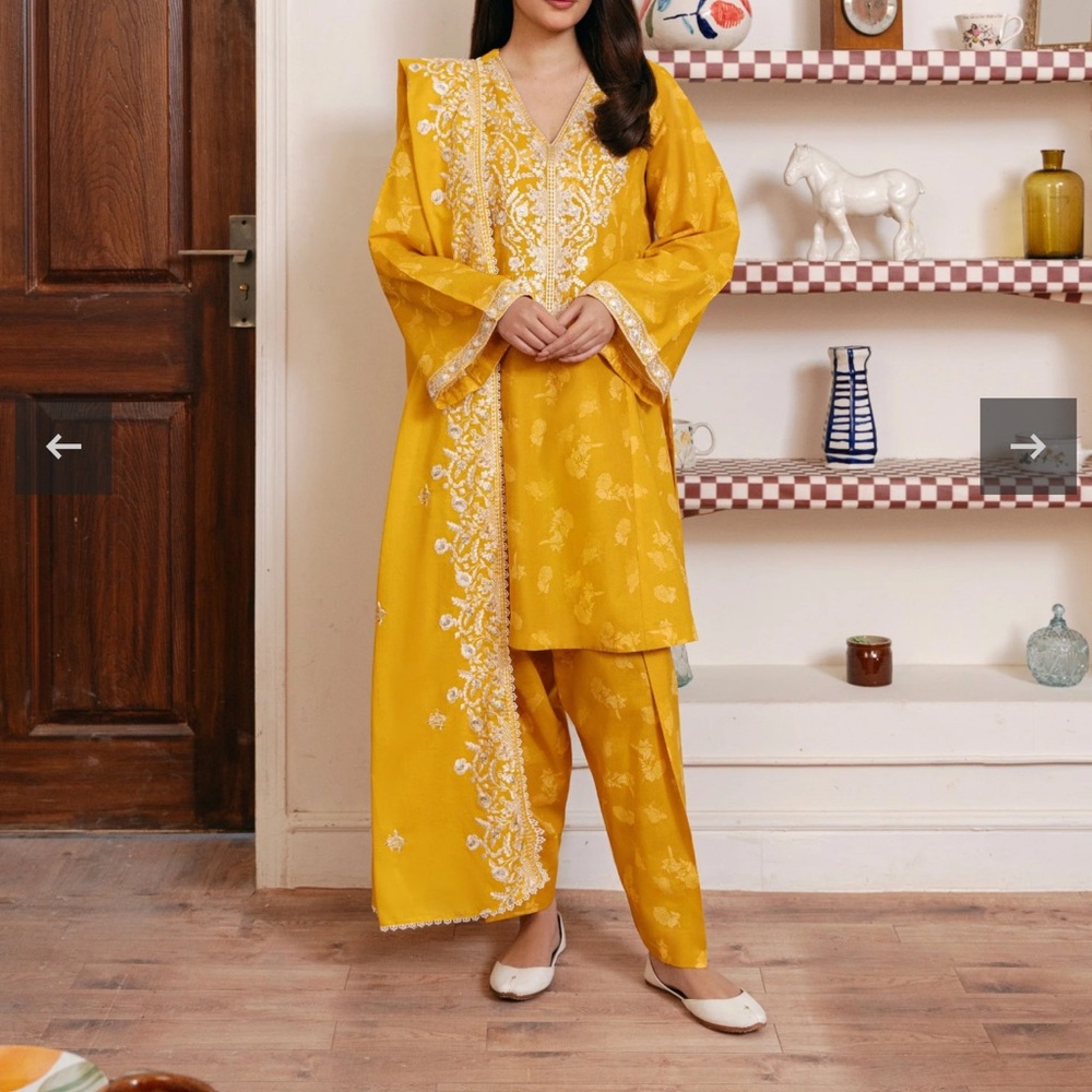 Yellow Embroidered Women's Pants & Jumpsuit